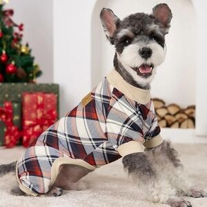 Cozy Plaid Dog Jumpsuit - Red, Blue, Cream Med-Lg Size